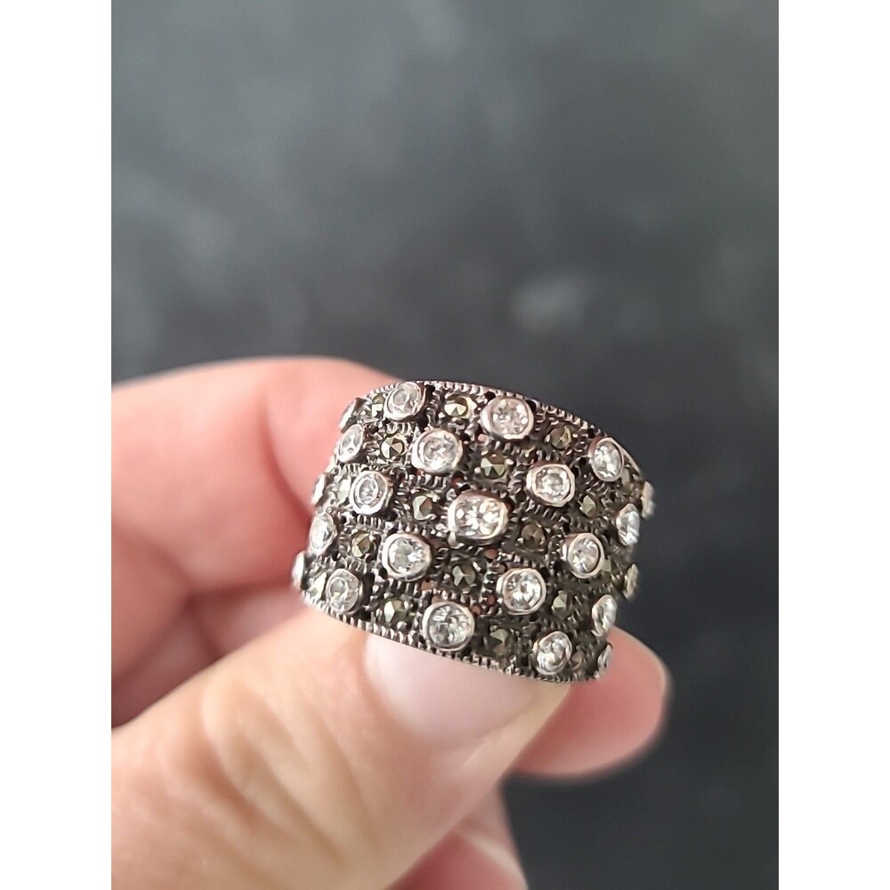 DBJ 925 Sterling Silver Marcasite & CZ Ring Size US 6.5 Vintage